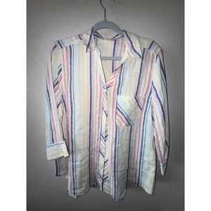 Chicos Shirt‎ Womens 2 Button Down Striped 100% Linen Collared Classic Vintage